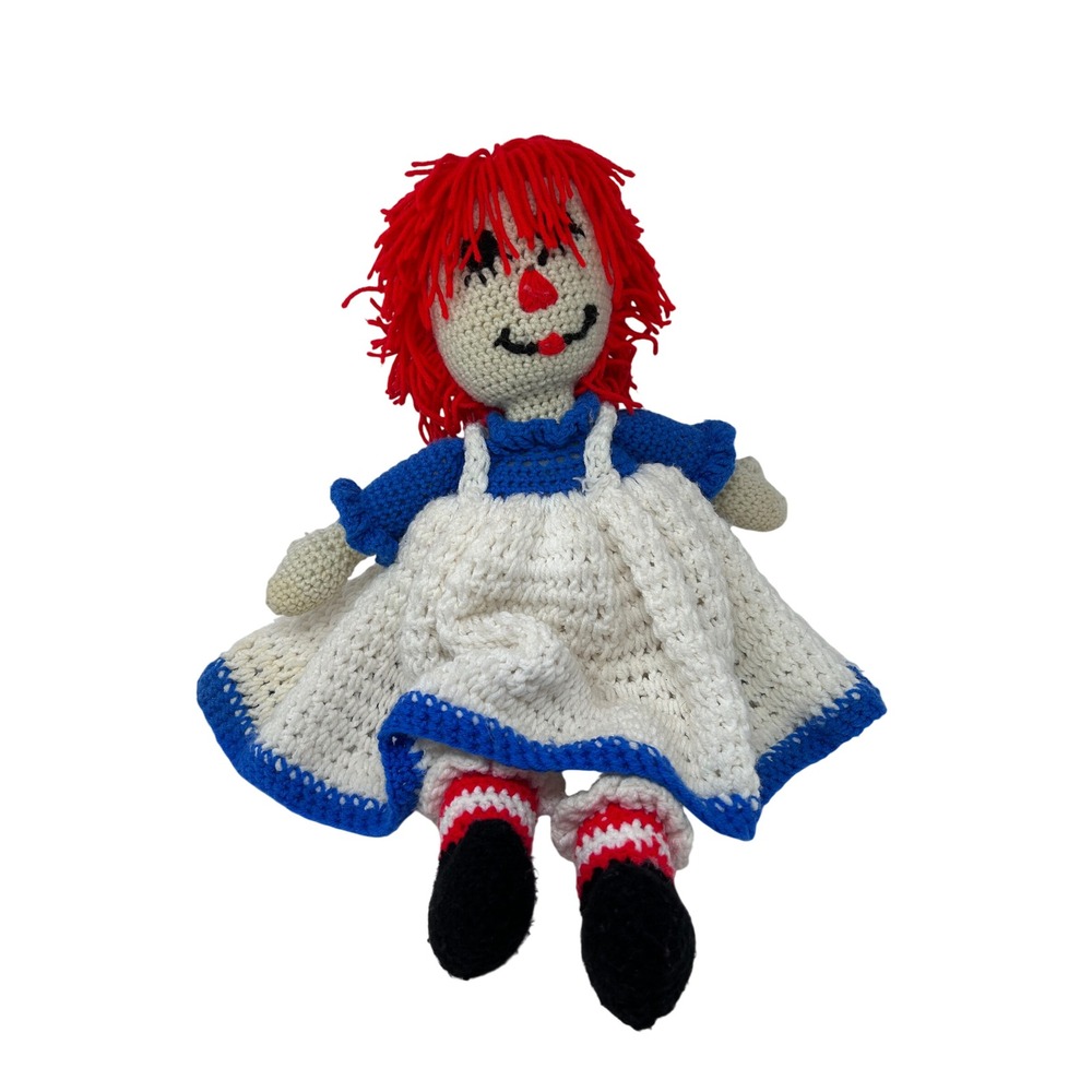 Handmade Crochet Raggedy Ann Doll Red‎ Yarn Hair Blue Dress White Apron 24 inch